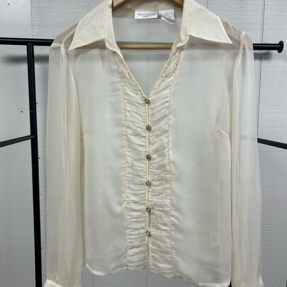 Worthington Cream Silk Sheer Ruffled Button-Up Blouse